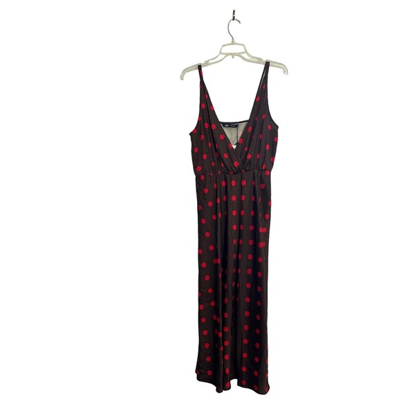 Zara Women’s Brown Red Polka Dot Satin Feel Spaghetti Strap MIDI Dress NWT M - Picture 1 of 16